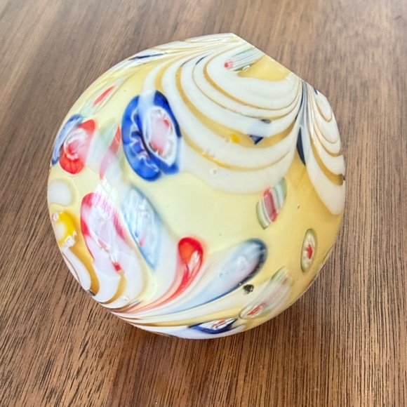 Vintage Murano Style Art Glass Swirl Millefiori Blue Red Yellow 4” Paperweight - Picture 9 of 9